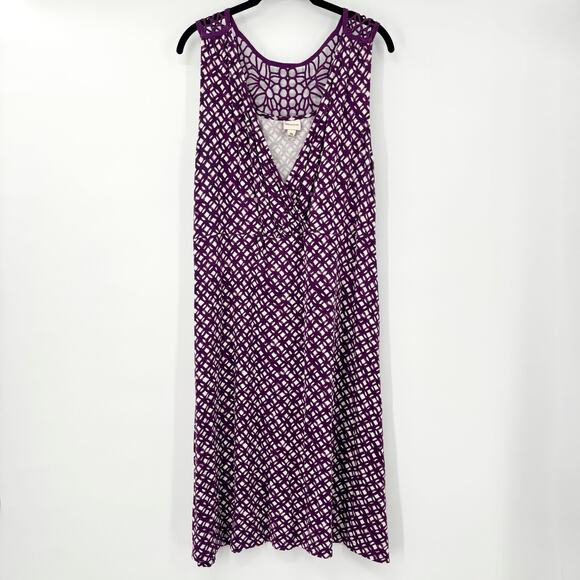 Merona Purple White Geometric Midi Dress Sleeveless V-Neck Crochet Back XXL - Picture 1 of 7
